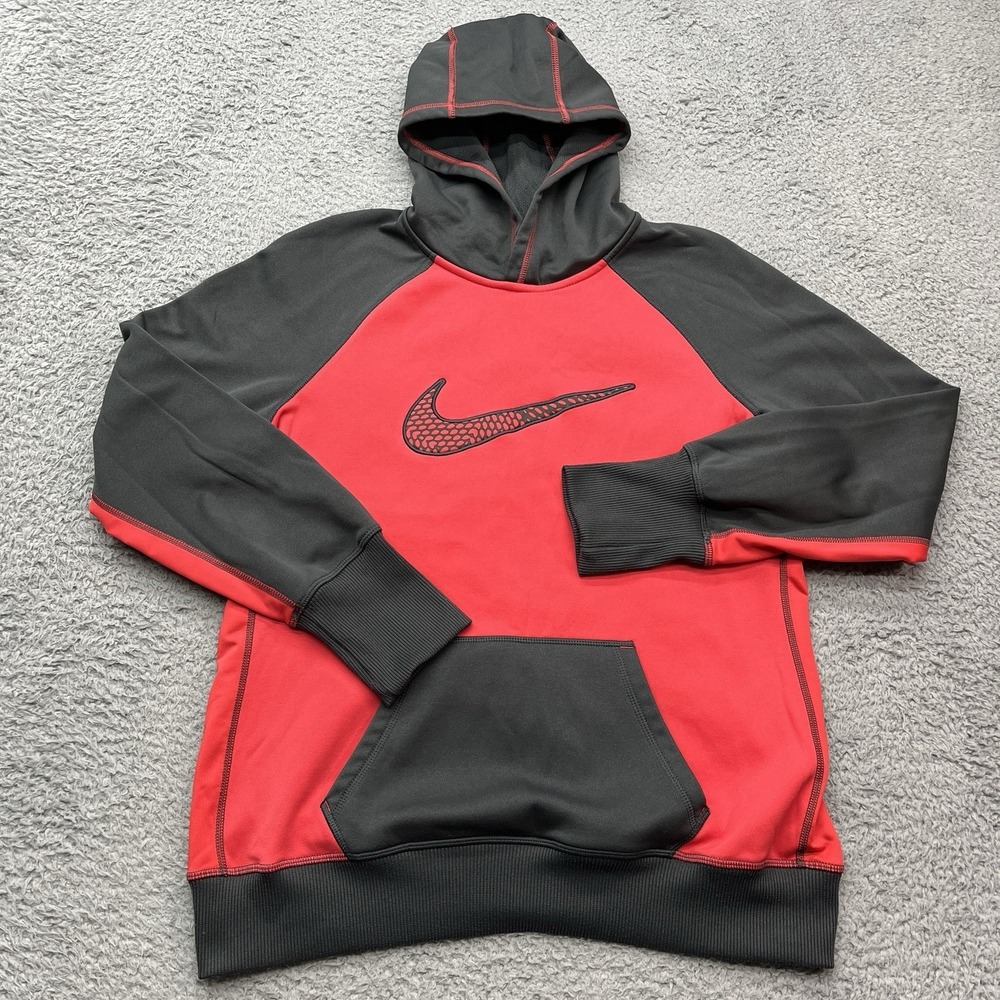 Nike Center Swoosh Hoodie Womens Large Therma-Fit Honeycomb Pattern Red Black